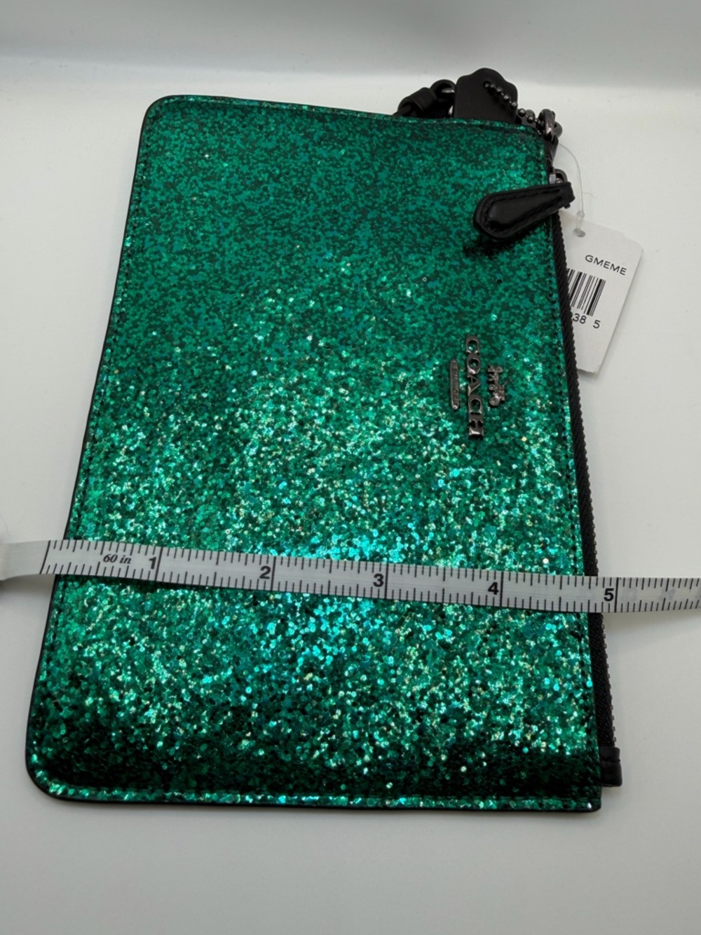 Coach Large Wristlet Emerald Green Glitter Zip Pouch NWT 77964B Statement Piece - Picture 7 of 11